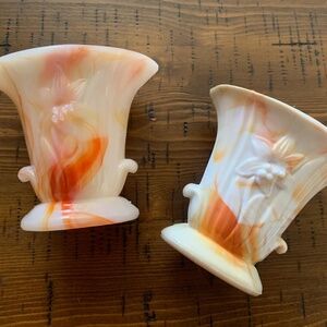 TWO Vintage Akro Agate Orange & White Slag Glass Lily Vase 4.34" x 4.75" x 3"